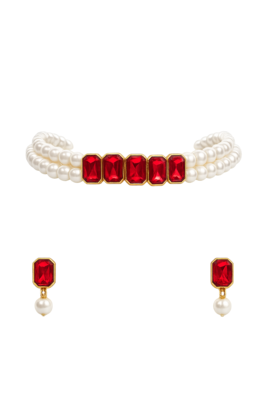 Red crystal & pearl choker necklace set with earrings 3