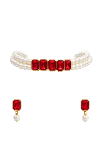 Red crystal & pearl choker necklace set with earrings