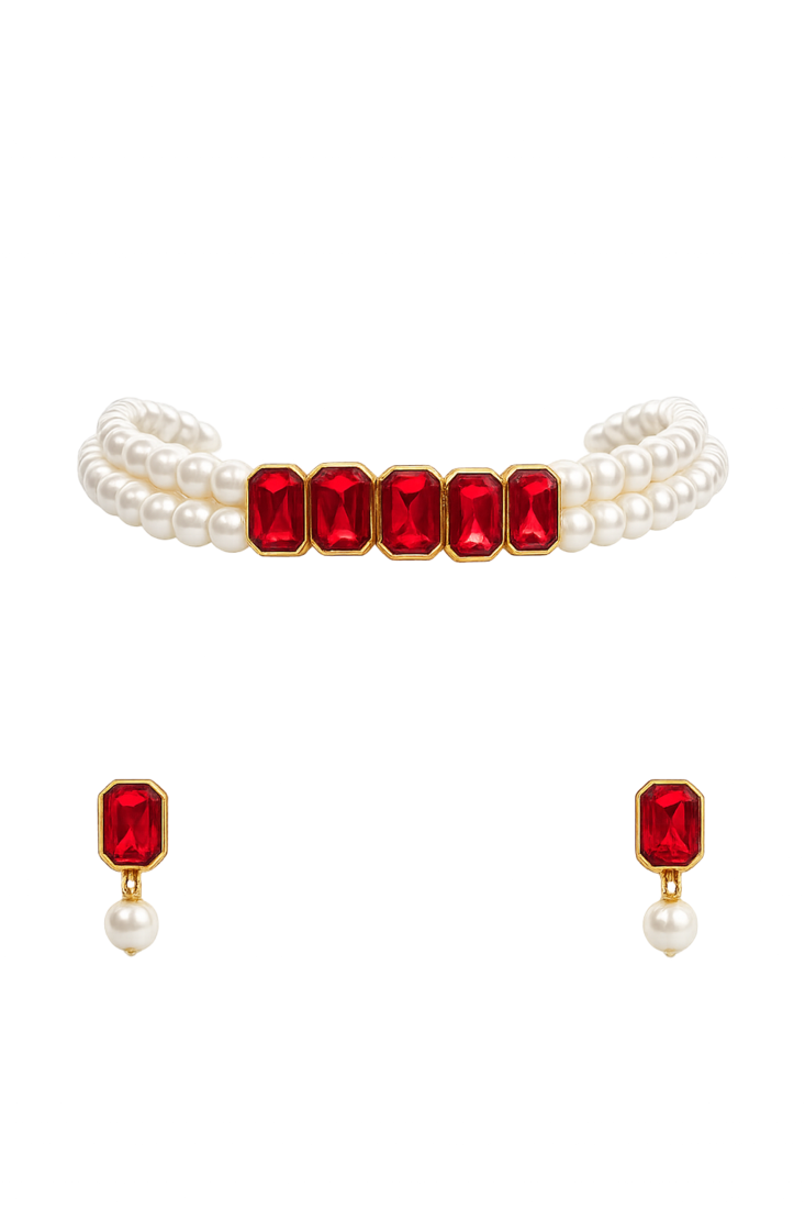 Red crystal & pearl choker necklace set with earrings