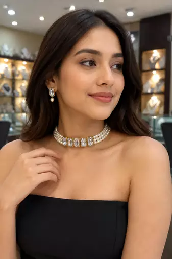 Pearl crystal choker necklace and earrings jewellery set