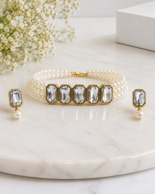 Pearl crystal choker necklace and earrings jewellery set 2