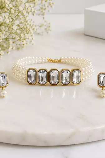 Pearl crystal choker necklace and earrings jewellery set