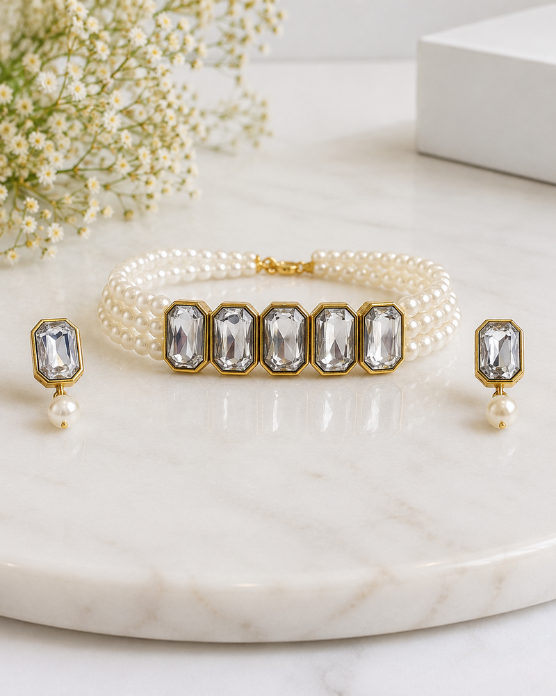 Pearl crystal choker necklace and earrings jewellery set