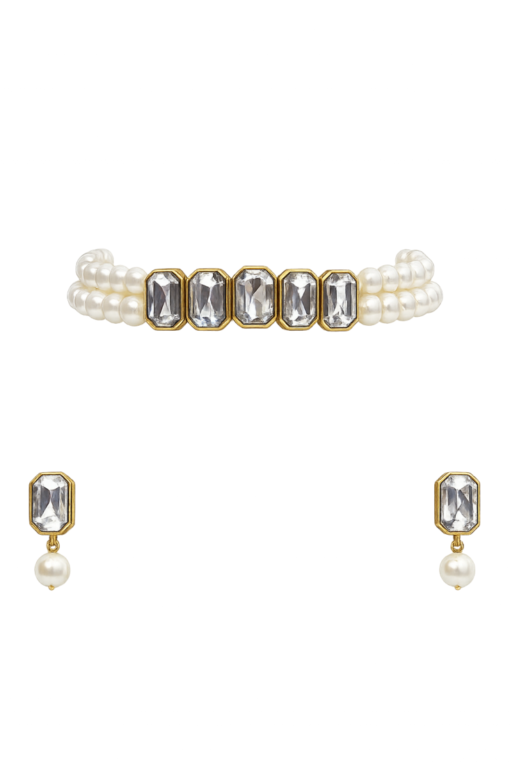 Pearl crystal choker necklace and earrings jewellery set