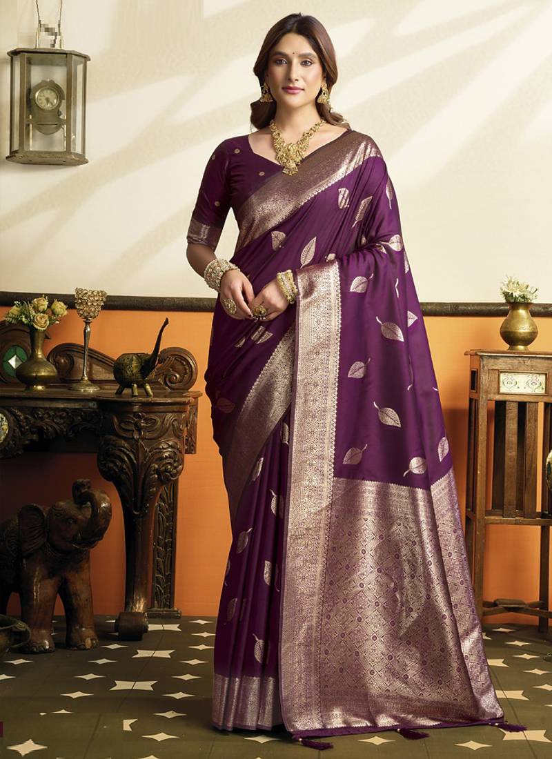 Wine soft silk saree with tassels festival wear saree