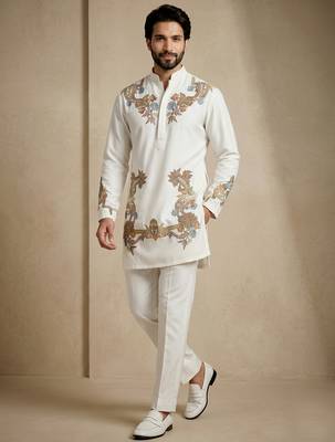 White embroidered signature look white kurta for men 1