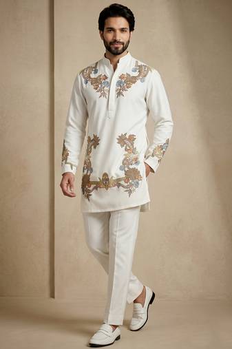 White embroidered signature look white kurta for men