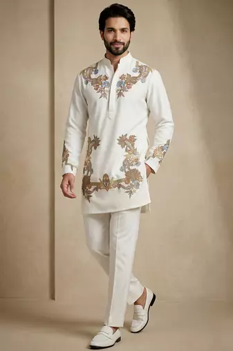 White embroidered signature look white kurta for men