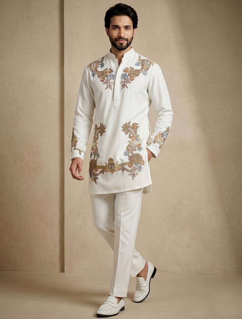 White embroidered signature look white kurta for men