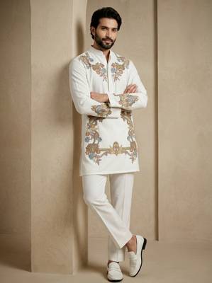 White embroidered signature look white kurta for men 2