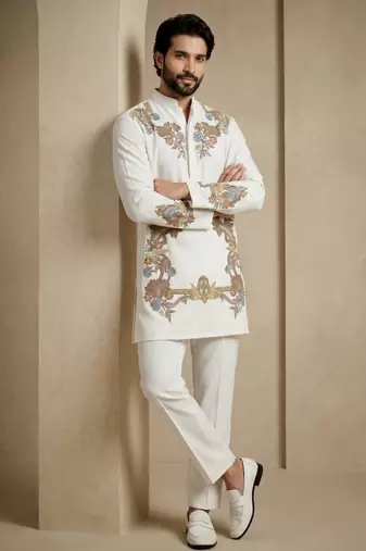 White embroidered signature look white kurta for men