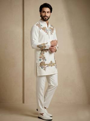White embroidered signature look white kurta for men 3