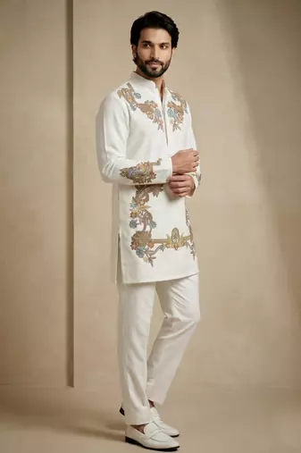 White embroidered signature look white kurta for men
