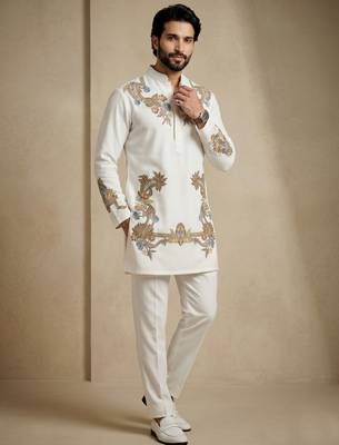 White embroidered signature look white kurta for men 4