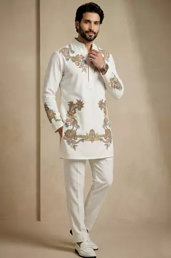 White embroidered signature look white kurta for men