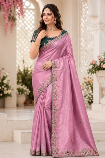 Baby Pink Golden Embroidery And Dori With Sequins All Over The Border And Motif Fandy Silk Saree