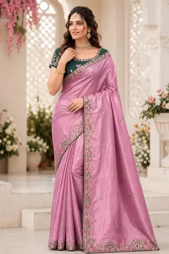 Baby Pink Color Golden Embroidery And Dori Work With Sequins Work All Over The Border And Motif Fandy Silk Saree