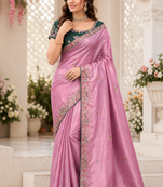 Baby Pink Color Golden Embroidery And Dori Work With Sequins Work All Over The Border And Motif Fandy Silk Saree