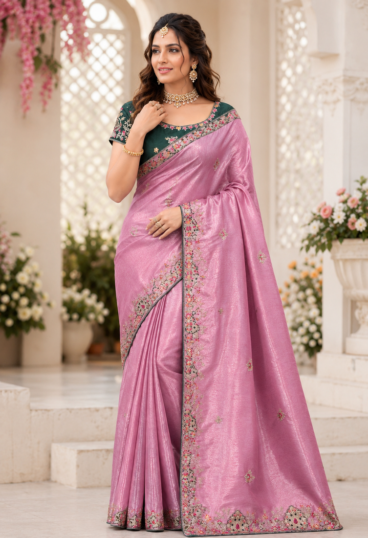 Baby Pink Color Golden Embroidery And Dori Work With Sequins Work All Over The Border And Motif Fandy Silk Saree