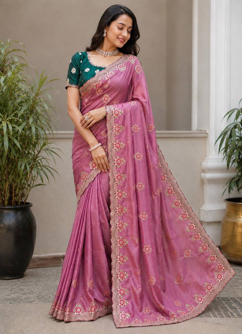 Baby Pink Golden Embroidery And Dori With Sequins All Over The Border And Motif Fandy Silk Saree