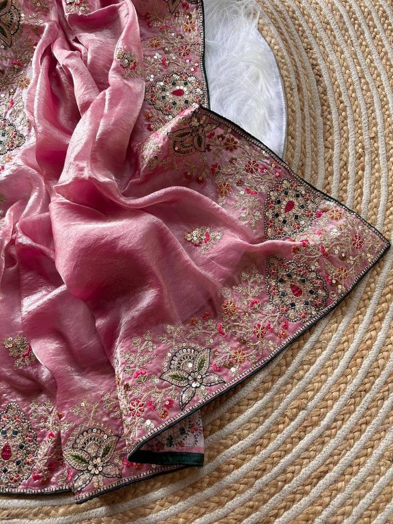 Baby Pink Color Golden Embroidery And Dori Work With Sequins Work All Over The Border And Motif Fandy Silk Saree