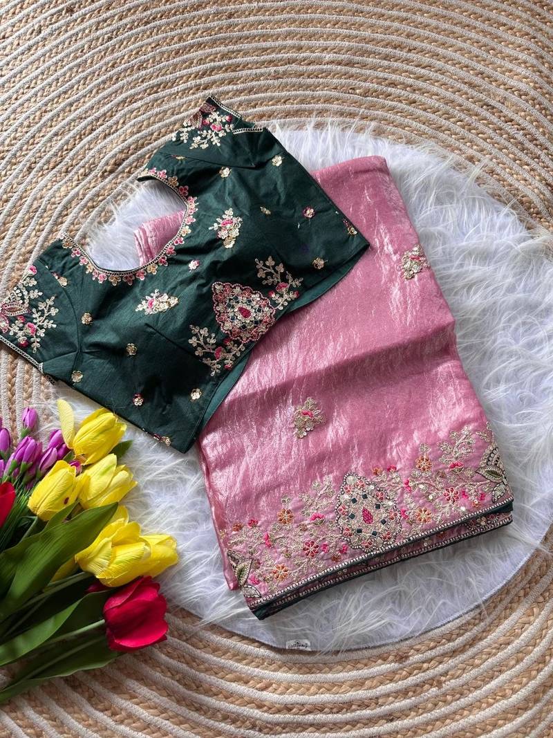 Baby Pink Color Golden Embroidery And Dori Work With Sequins Work All Over The Border And Motif Fandy Silk Saree