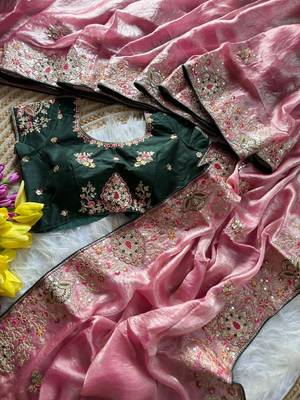 Baby Pink Color Golden Embroidery And Dori Work With Sequins Work All Over The Border And Motif Fandy Silk Saree 5