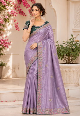 Lavender Color Golden Embroidery And Dori Work With Sequins Work All Over The Border And Motif Fandy Silk Saree 1