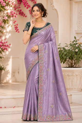 Lavender Color Golden Embroidery And Dori Work With Sequins Work All Over The Border And Motif Fandy Silk Saree