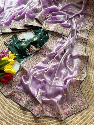 Lavender Color Golden Embroidery And Dori Work With Sequins Work All Over The Border And Motif Fandy Silk Saree 2
