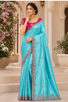 Sky Blue Color Golden Embroidery And Dori Work With Sequins Work All Over The Border And Motif Fandy Silk Saree 1