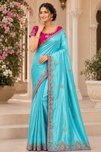Sky Blue Golden Embroidery And Dori With Sequins All Over The Border And Motif Fandy Silk Saree