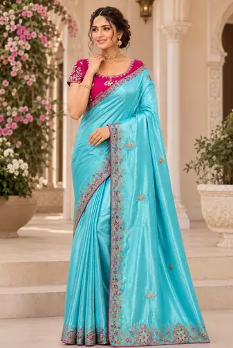 Sky Blue Color Golden Embroidery And Dori Work With Sequins Work All Over The Border And Motif Fandy Silk Saree