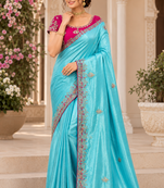 Sky Blue Color Golden Embroidery And Dori Work With Sequins Work All Over The Border And Motif Fandy Silk Saree