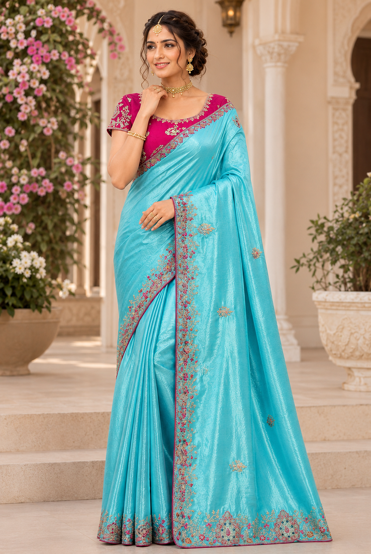 Sky Blue Color Golden Embroidery And Dori Work With Sequins Work All Over The Border And Motif Fandy Silk Saree