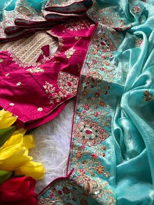Sky Blue Color Golden Embroidery And Dori Work With Sequins Work All Over The Border And Motif Fandy Silk Saree 2