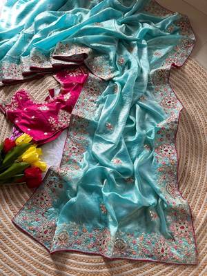 Sky Blue Color Golden Embroidery And Dori Work With Sequins Work All Over The Border And Motif Fandy Silk Saree 3