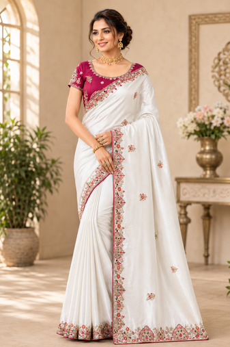 White Color Golden Embroidery And Dori Work With Sequins Work All Over The Border And Motif Fandy Silk Saree