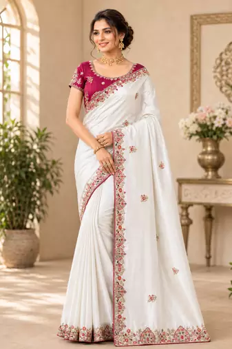White Color Golden Embroidery And Dori Work With Sequins Work All Over The Border And Motif Fandy Silk Saree