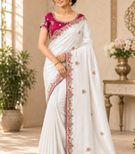 White Color Golden Embroidery And Dori Work With Sequins Work All Over The Border And Motif Fandy Silk Saree