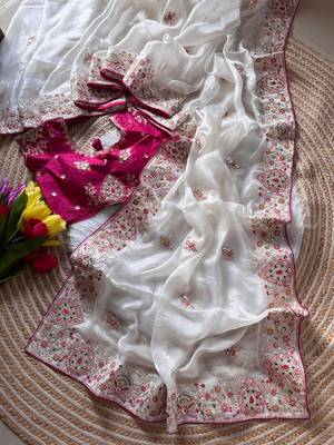 White Color Golden Embroidery And Dori Work With Sequins Work All Over The Border And Motif Fandy Silk Saree 2
