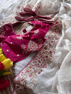 White Color Golden Embroidery And Dori Work With Sequins Work All Over The Border And Motif Fandy Silk Saree 3