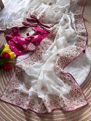 White Color Golden Embroidery And Dori Work With Sequins Work All Over The Border And Motif Fandy Silk Saree 4