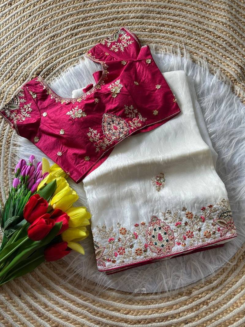 White Color Golden Embroidery And Dori Work With Sequins Work All Over The Border And Motif Fandy Silk Saree