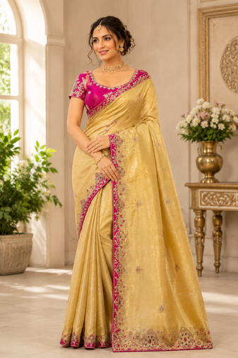 Yellow Golden Embroidery And Dori With Sequins All Over The Border And Motif Fandy Silk Saree