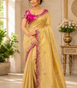 Yellow Color Golden Embroidery And Dori Work With Sequins Work All Over The Border And Motif Fandy Silk Saree