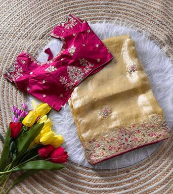 Yellow Color Golden Embroidery And Dori Work With Sequins Work All Over The Border And Motif Fandy Silk Saree 3
