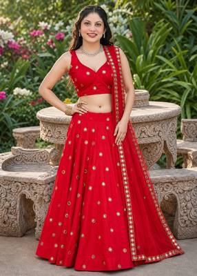 RED EMBROIDERED & MIRROR  ART SILK DESIGNER LEHENGA CHOLI SET FOR WOMEN'S 1