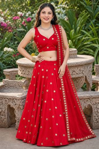 RED EMBROIDERED & MIRROR ART SILK LEHENGA CHOLI SET