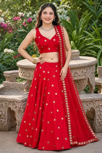 RED EMBROIDERED & MIRROR  ART SILK DESIGNER LEHENGA CHOLI SET FOR WOMEN'S